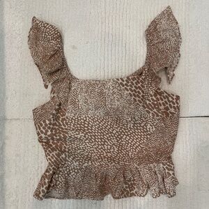 Express Blouse Women's Size L Brown Linen Blend Leopard Peplum Cutout Crop